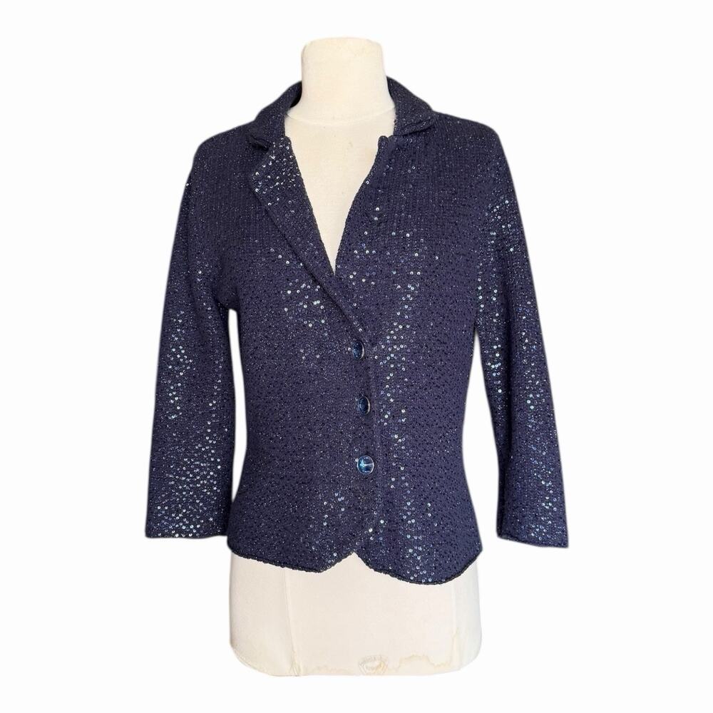 Vintage e By ECI Petite Navy Blue Sequin Crop Blazer PS Notch Collar Retro